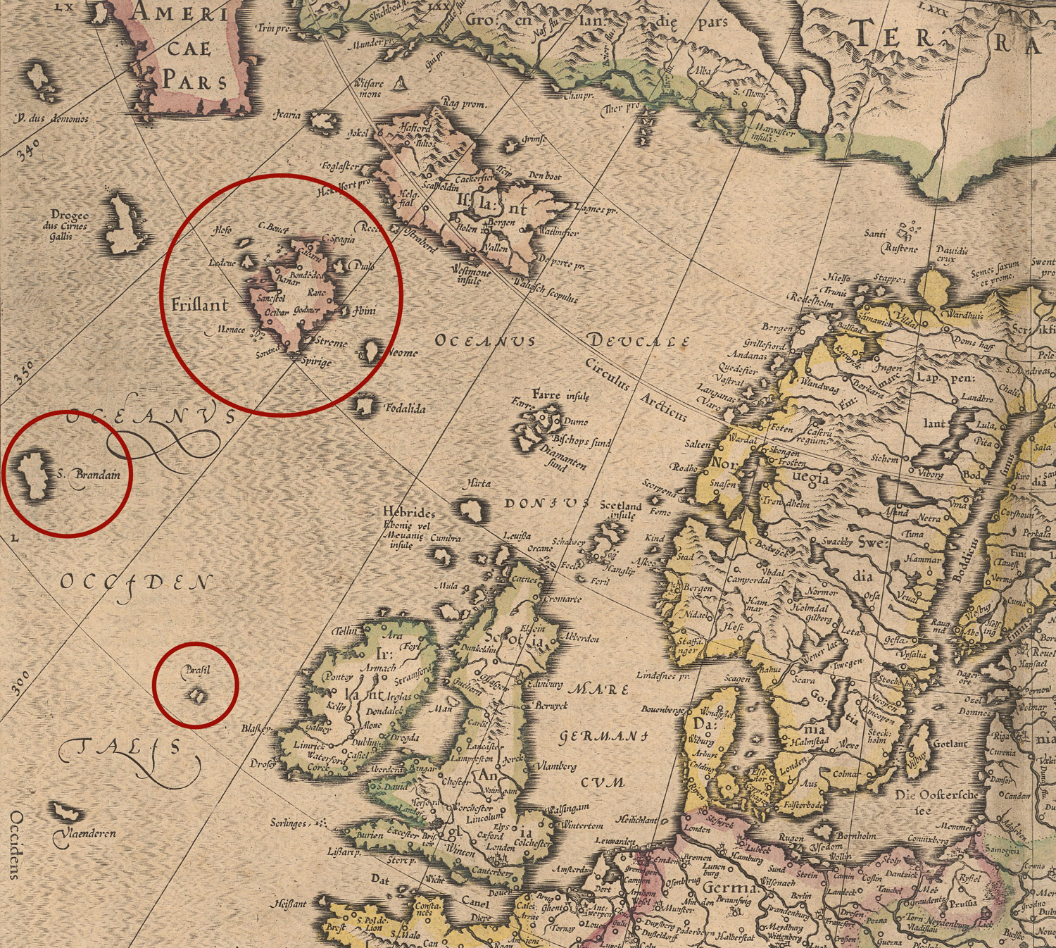 Imaginäre Inseln «Frislant», «S. Brendain» und «Brasil» auf der Karte «Europa» in: Gerardi Mercatoris Atlas […], 1607, S. 61. Zentralbibliothek Zürich, EE 1.