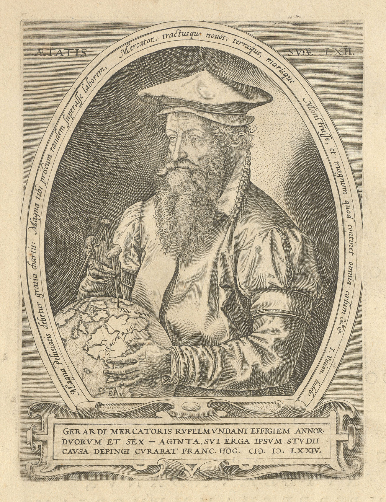 Bildnis Gerhard Mercators in: «Atlas, sive, Cosmographicae meditationes de fabrica mundi et fabricati figura», 1595, S. 16. Zentralbibliothek Zürich, T 44.