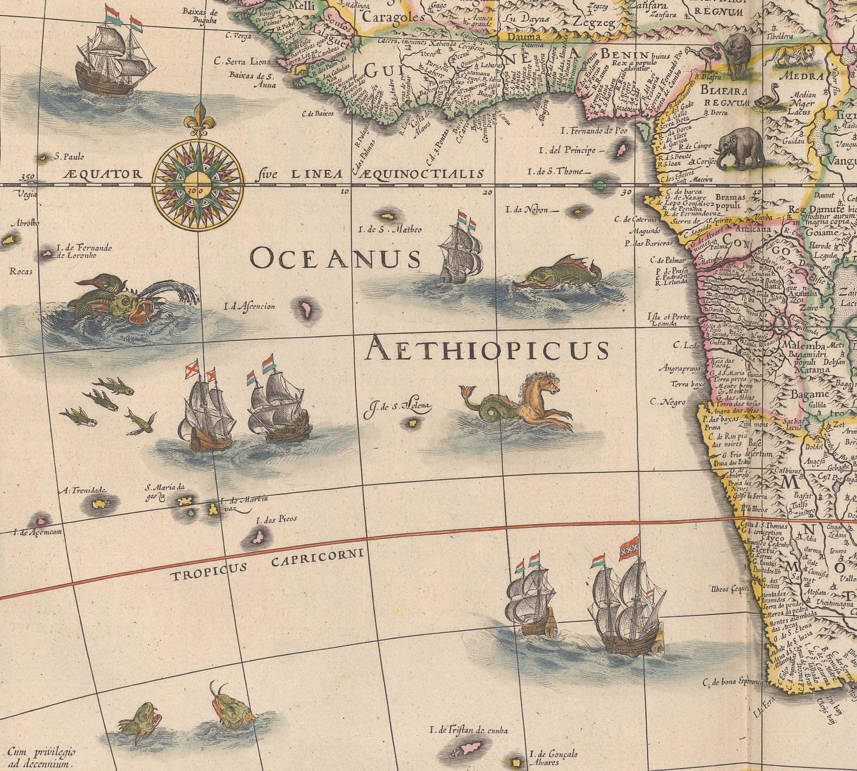 Zwischen Segelschiffen sind furchteinflössende und liebliche Meereskreaturen zu entdecken. Karte «Africae nova descriptio.» in: Blaeu: Theatrum orbis terrarum, 1645, Bd. 2, S. 288. Zentralbibliothek Zürich, T 6.