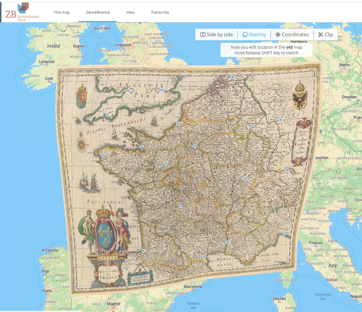 Georeferenzierte Karte «Gallia[.] Le Royaume de France» aus: Blaeu, Le théâtre du monde, Bd. 2., S. 10. Zentralbibliothek Zürich, RRk 635.