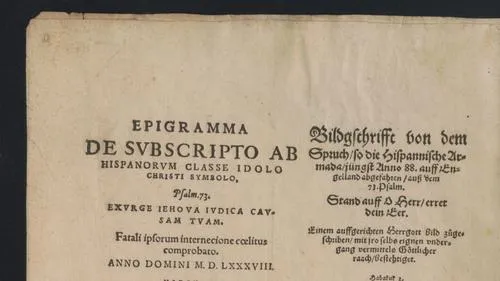 Epigramma De Svbscripto Ab Hispanorvm Classe Idolo Christi Symbolo. Psalm. 73. Exvrge Iehova Ivdica Cavsam Tvam. Fatali ipsorum internecione coelitus comprobato : = Bildgschrifft von dem Spruch/ so die Hispannische Armada/ jüngst Anno 88. auff Engelland abgefahren/ auß dem 73. Psalm. Stand auff O Herr/ erret dein Eer. Einem auffgerichten Herrgott Bild zuogeschirben/ mit jro selbs eignen vndergang vermittels Göttlicher raach/  best ehtiget