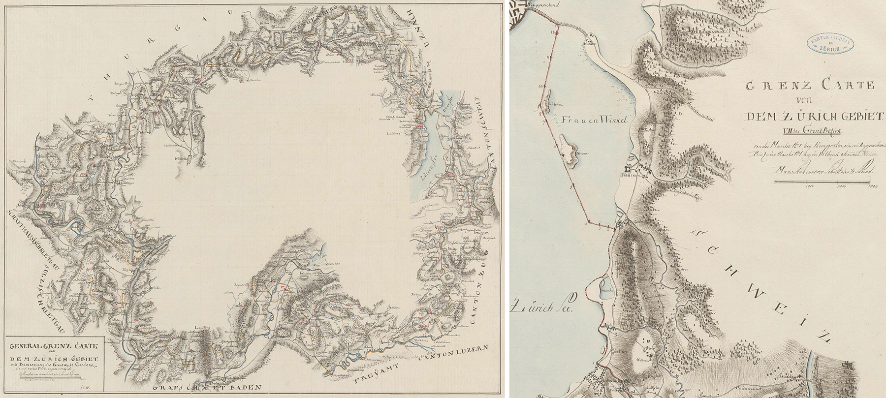 Image caption: From the Zurich border atlas of 1795, drawn by Hans Caspar Hirzel: the ‘General Grenz Carte von dem Zürich Gebiet (‘General border map of the Zurich area’) and detail from the atlas. (Image: ZB Zürich)