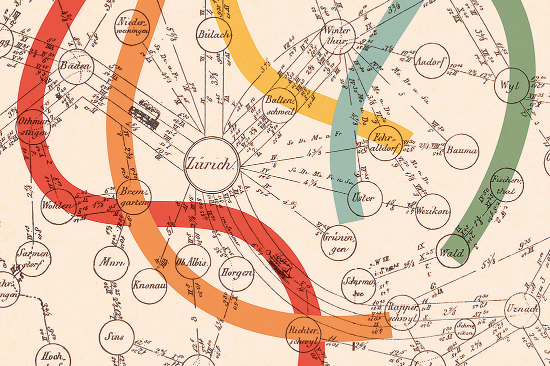 Ein Ausschnitt der «Kurs-Karte der schweizerischen Postverwaltung» von 1850 mit dem Keyvisual der Ausstellung (Bild: ZB Zürich) 