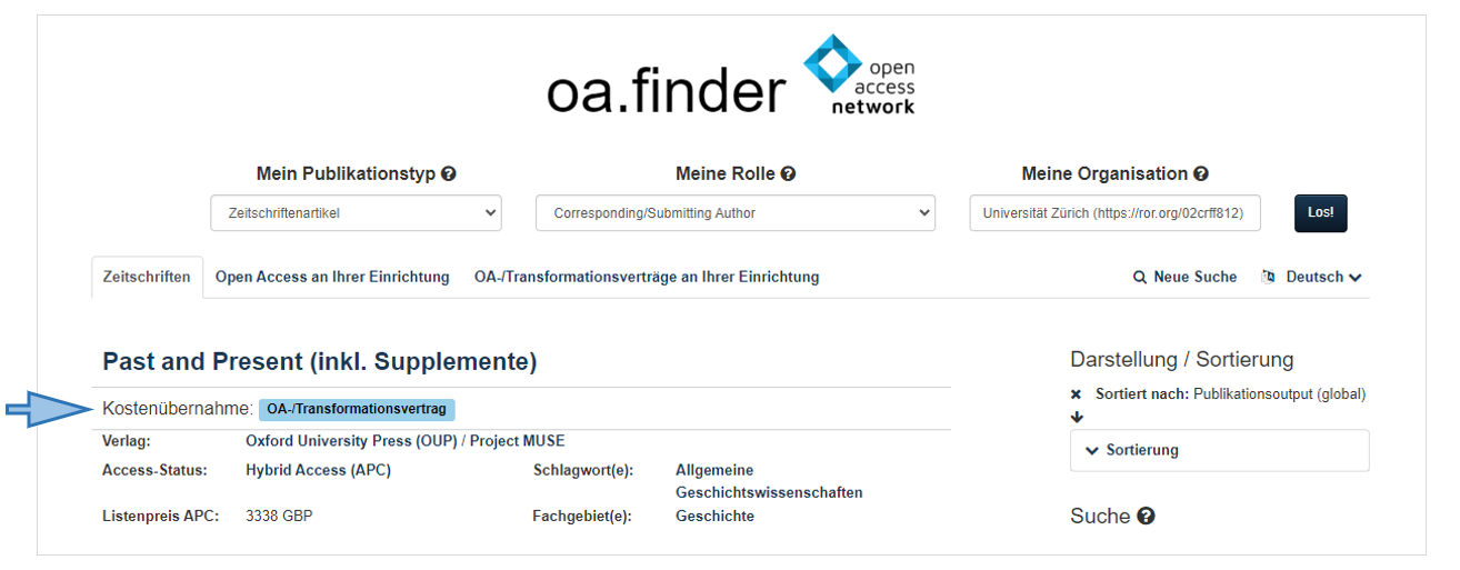 Das Suchresultat im oa.finder zeigt an, dass z. B. bei der Zeitschrift ‹Past & Present› ein OA-Transformationsvertrag UZH-Forschenden die Open-Access-Kostenübernahme ermöglicht.