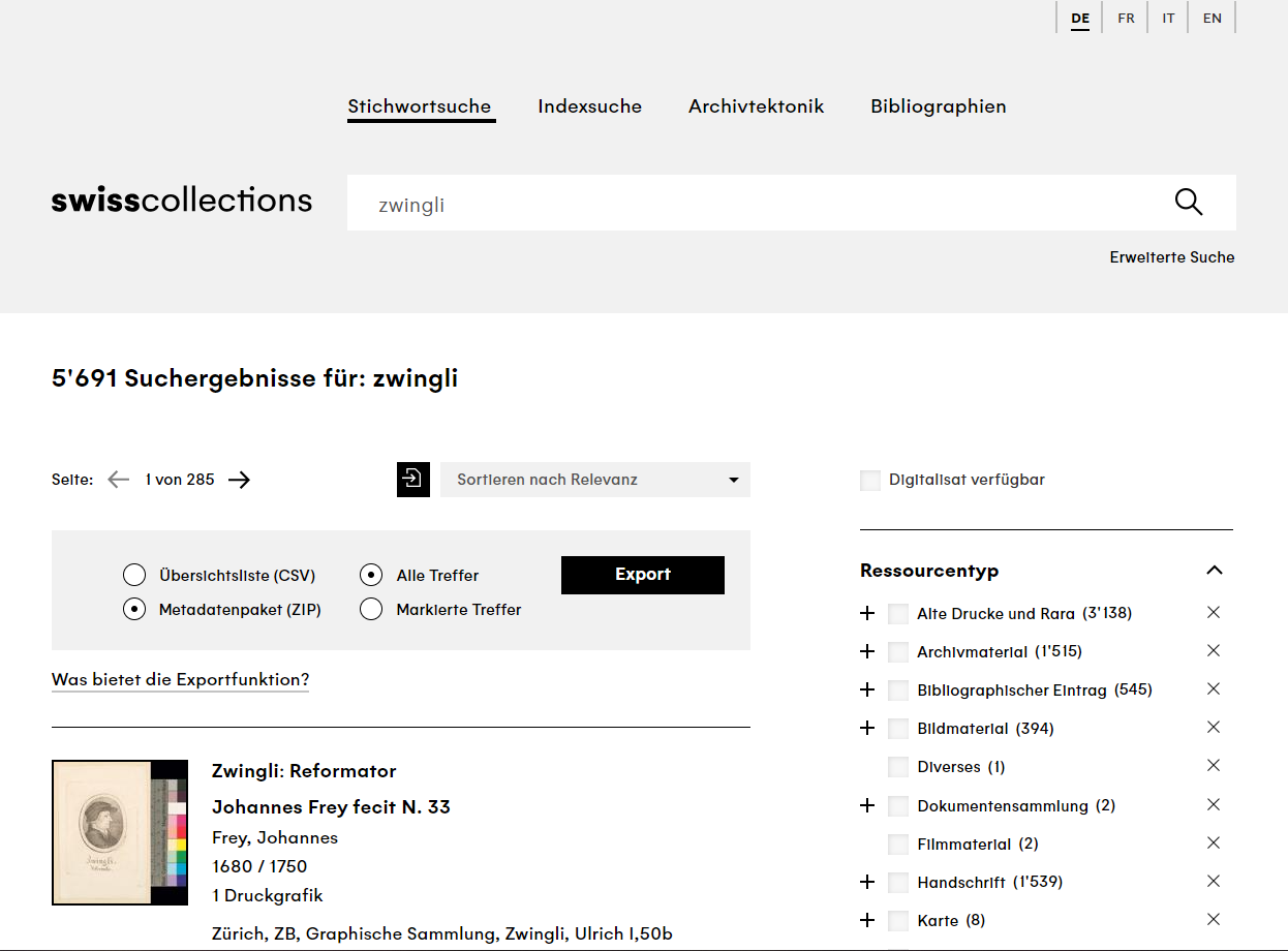 Beim Klick auf den Export-Button erhalten Sie zunächst einen zip-Ordner mit hochwertigen Metadaten in den Formaten csv, JSON Lines und Marc-XML. Wo Digitalisate und ggf. OCR-Text bzw. Transkriptionen vorhanden sind, können Sie in einem zweiten Schritt mit Hilfe einer Browser-Extension Bild- und Textdateien sowie PDFs herunterladen.