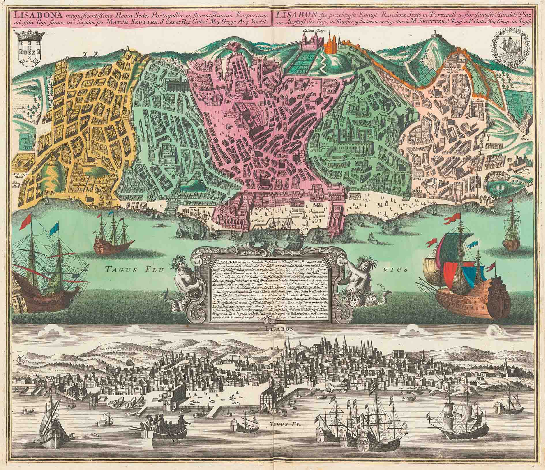 Planvedute «Lisabona», «Lisabon» und Ansicht. Atlas factice eines Schweizer Sammlers, gebunden nach 1759, S. 55. Zentralbibliothek Zürich, Atl 1293.