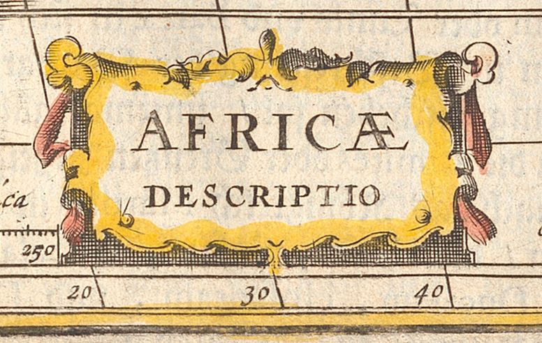 Titelkartusche mit Elementen von Roll- und Beschlagwerk auf der Afrikakarte aus dem Atlas Minor.