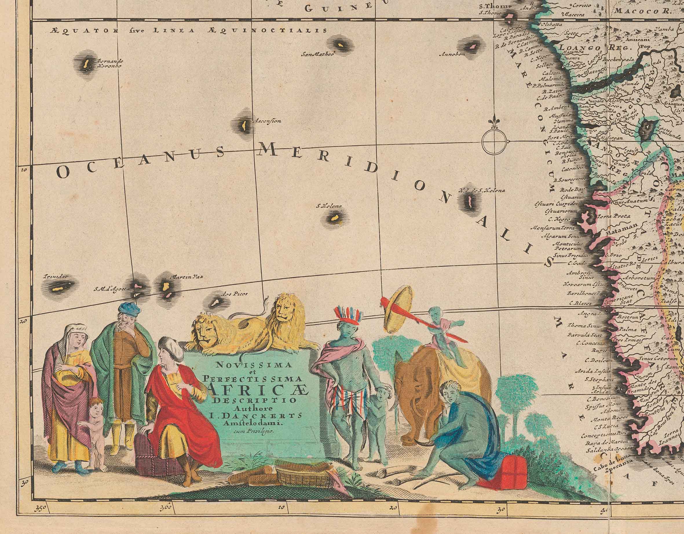 Aufwändig gestaltete Titelkartusche der Karte «Novissima et Perfectissima Africae Descriptio». Danckerts-Atlas, Amsterdam 1707/1708, S. 32. Zentralbibliothek Zürich, Atl 101.