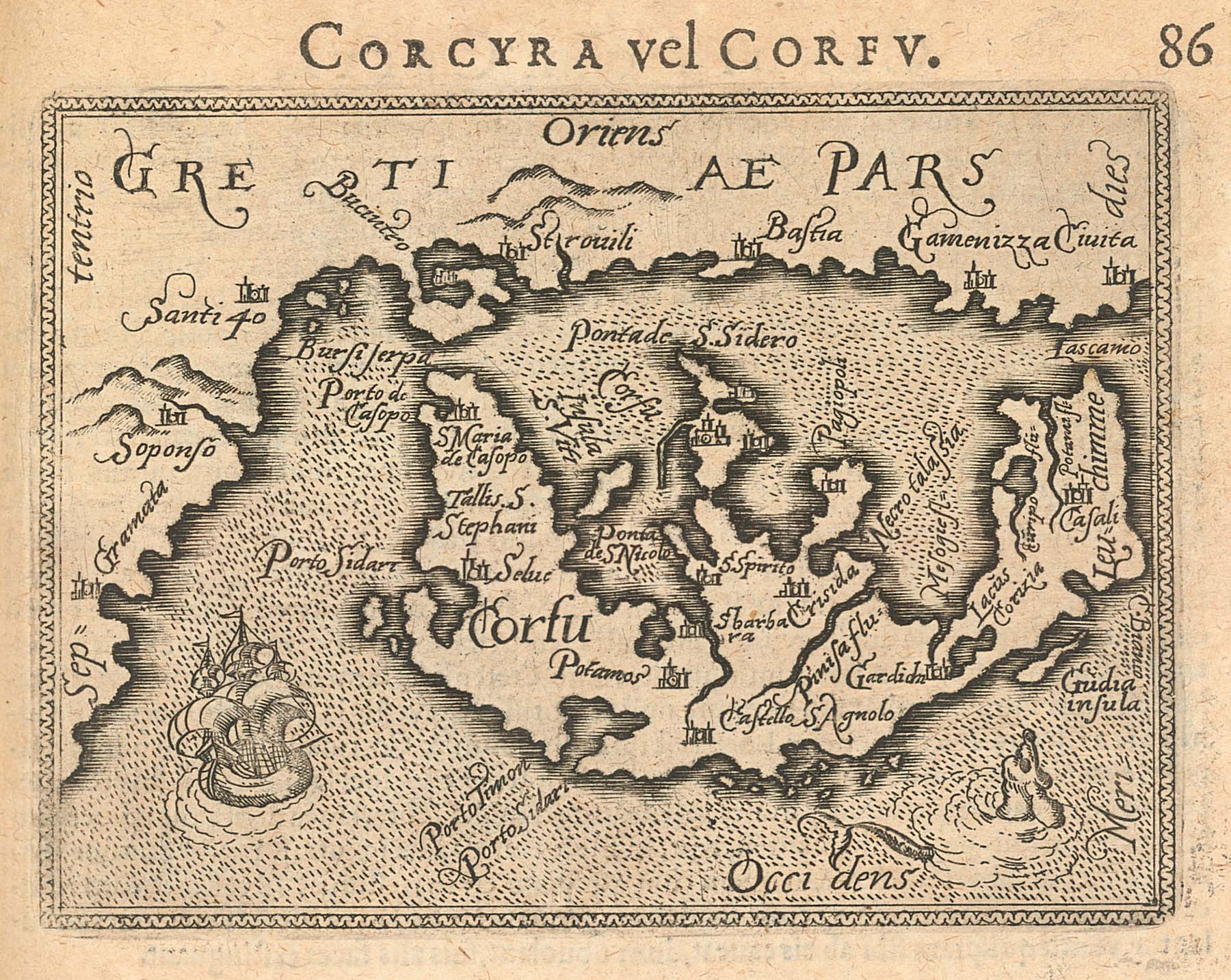 Seltene Erscheinung im «Epitome»: Schiff und Meereskreatur zieren die Karte zu «Corfu». Epitome Theatri Orteliani, Antwerpen 1595, S. 188. Zentralbibliothek Zürich, Rn 386.