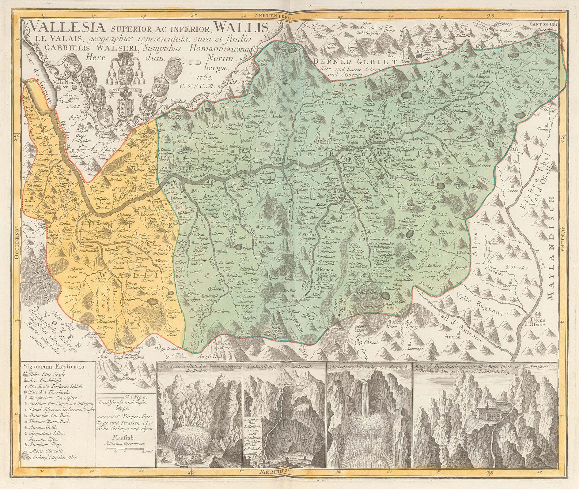 Karte «Vallesia Superior, Ac Inferior» mit Illustration von Sehenswürdigkeiten. Atlas novus Reipublicae Helveticae/Schweitzer Geographie, Nürnberg/Zürich, 1769/1770, S. 83. Zentralbibliothek Zürich, KK 2009’1. 