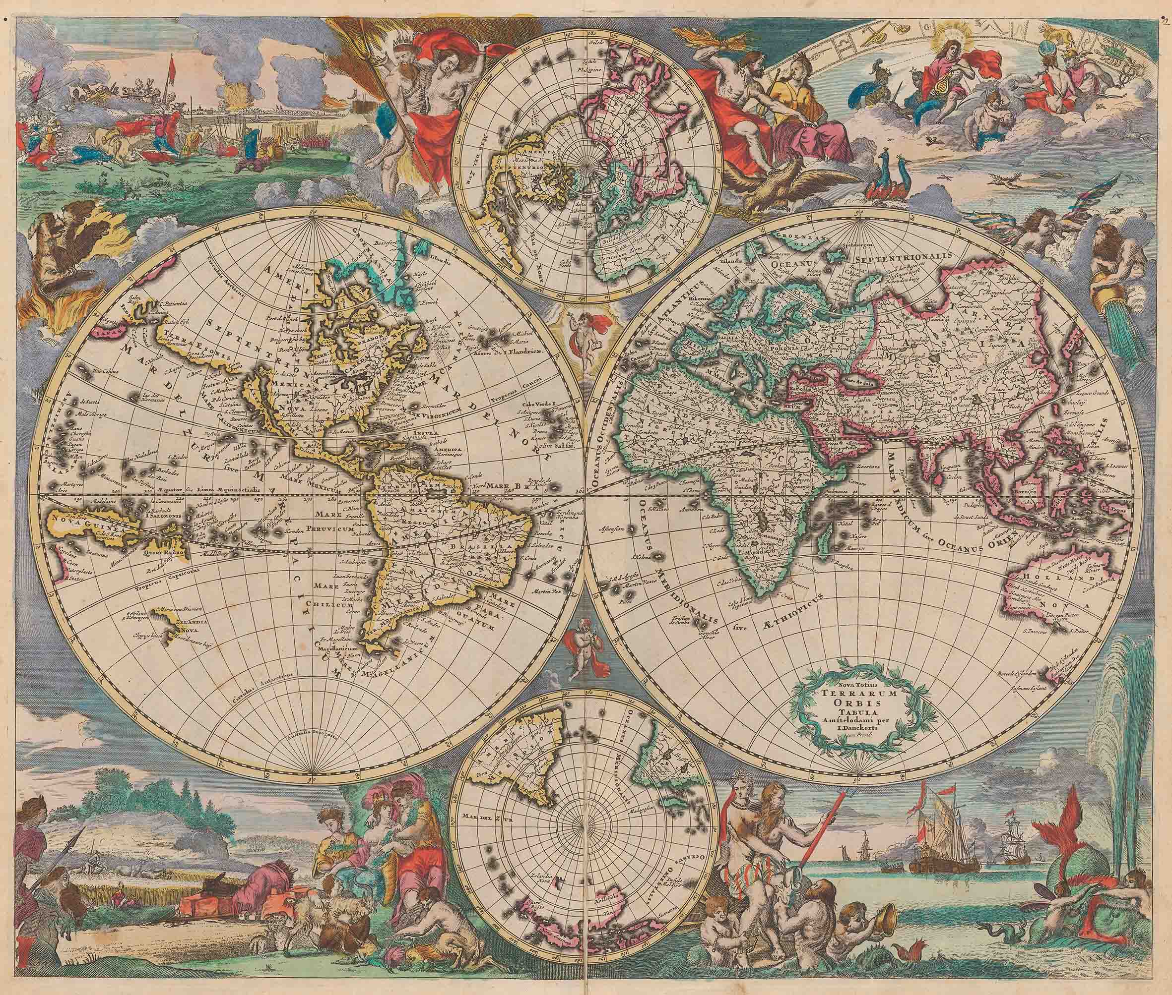 Prachtvoll ausgeschmückte und sorgfältig kolorierte Karte «Nova Totius Terrarum Orbis Tabula». Danckerts-Atlas, Amsterdam 1707/1708, S. 9. Zentralbibliothek Zürich, Atl 101.