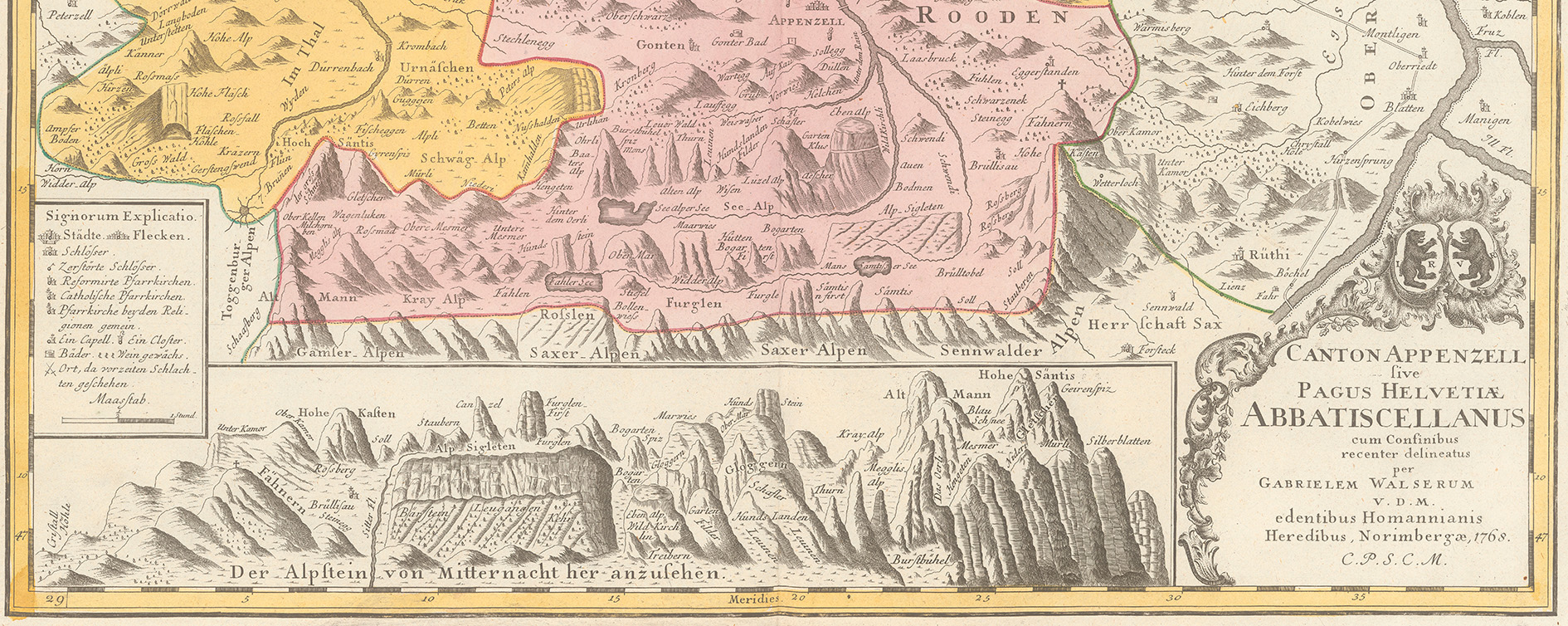 «Der Alpstein von Mitternacht her anzusehen» auf der Karte «Canton Appenzell sive Pagus Helvetiae Abbatiscellanus». Atlas novus Reipublicae Helveticae/Schweitzer Geographie, Nürnberg/Zürich, 1769/1770, S. 83. Zentralbibliothek Zürich, KK 2009’1.