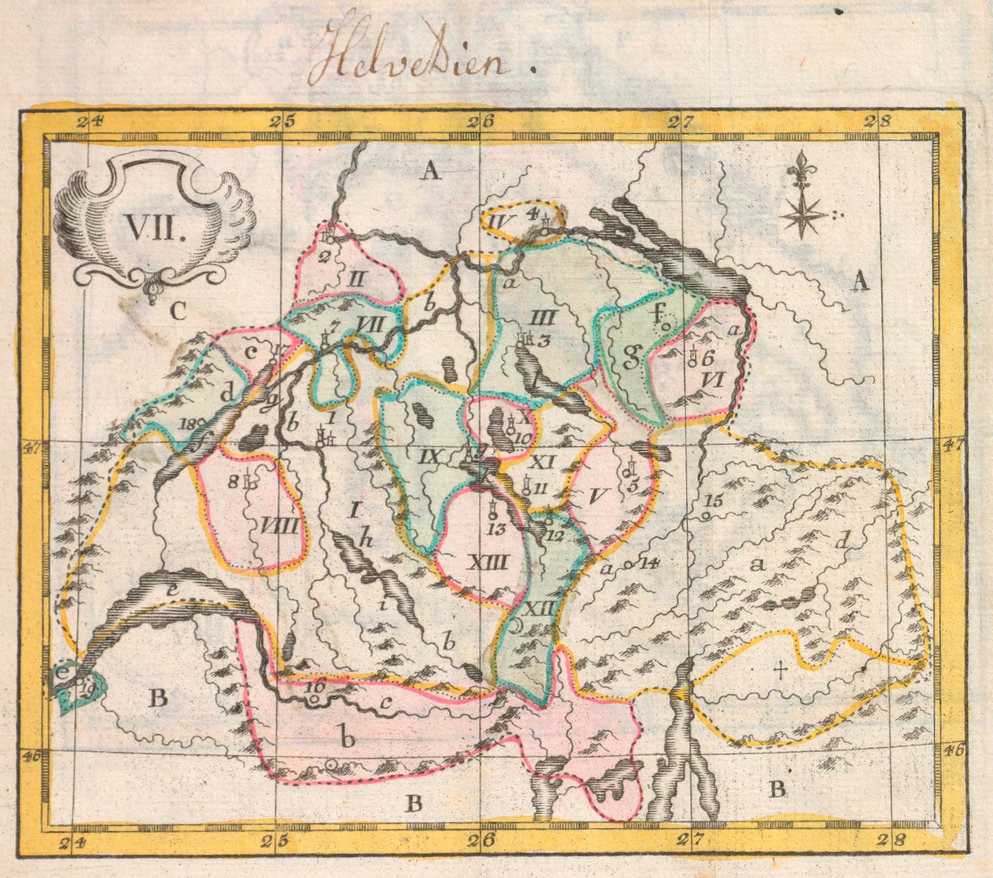 Handschriftlich betitelte Karte «Helvetien.» Atlas des enfans, Lyon, 1774, S. 22. Zentralbibliothek Zürich, Atl 801.