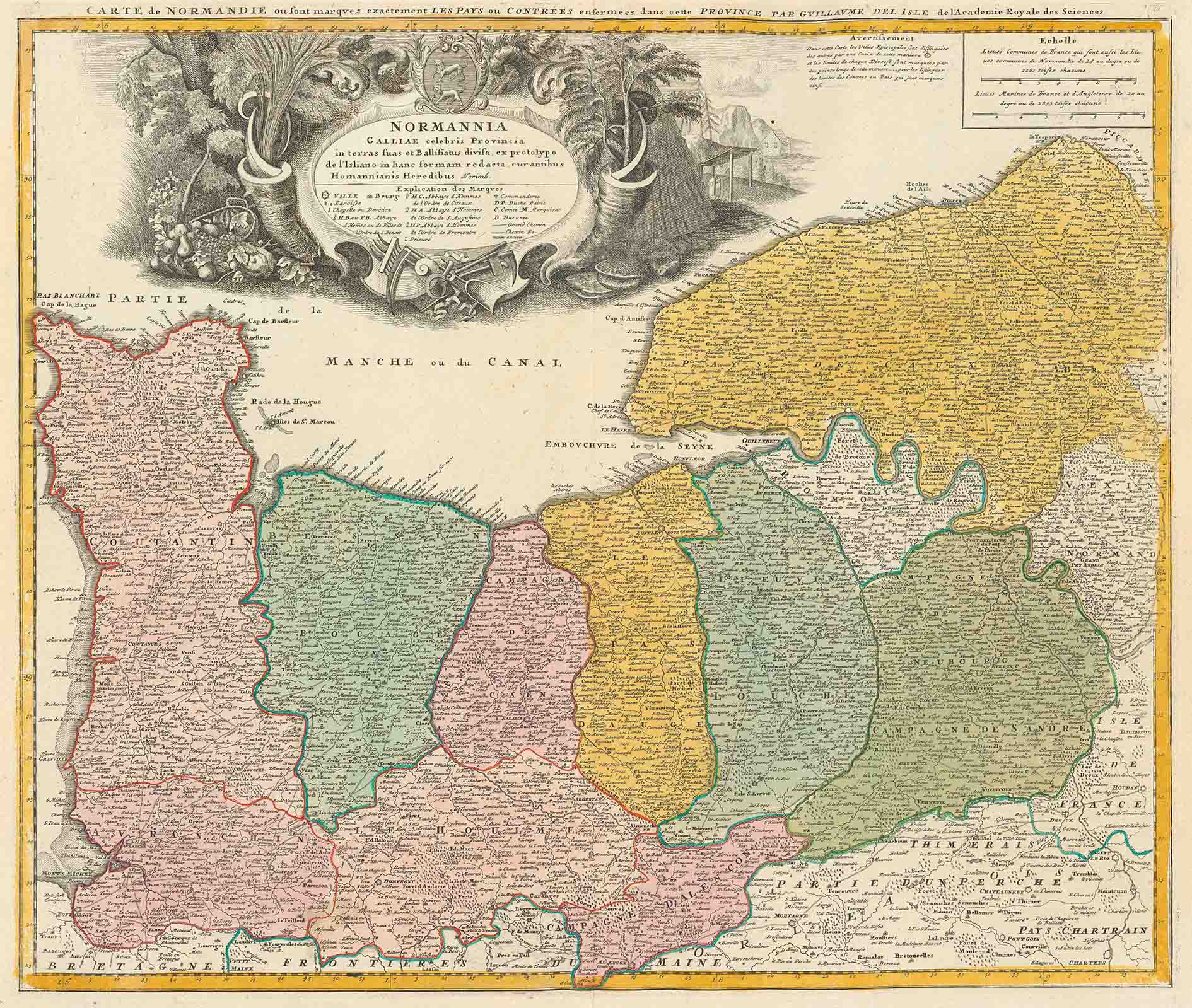 Karte «Normannia» mit Flächenkolorit für die verschiedenen Verwaltungseinheiten. Atlas factice eines Schweizer Sammlers, gebunden nach 1778, S. 33. Zentralbibliothek Zürich, Atl 115.