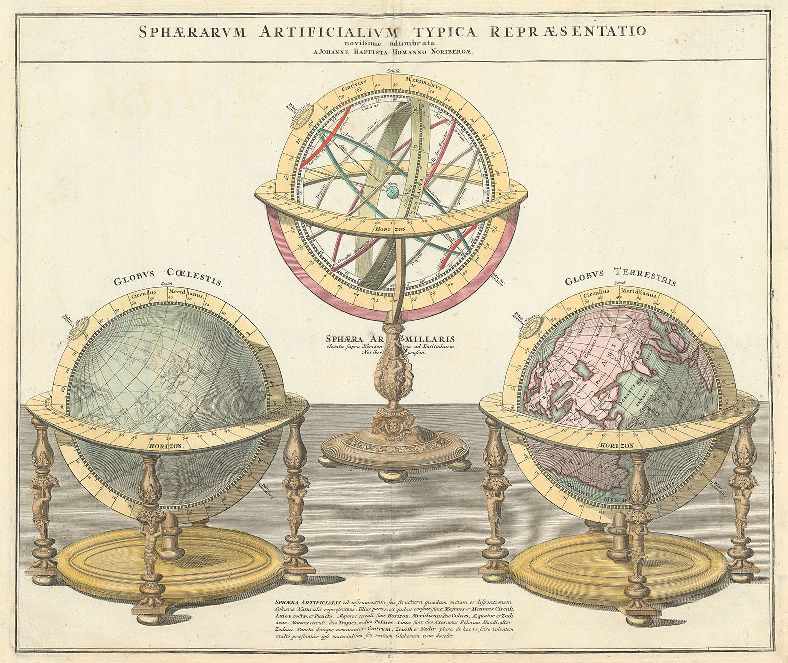 Abbildung mit Armillarsphäre, Himmels- und Erdglobus. Atlas factice eines Schweizer Sammlers, gebunden nach 1778, S. 9. Zentralbibliothek Zürich, Atl 115.