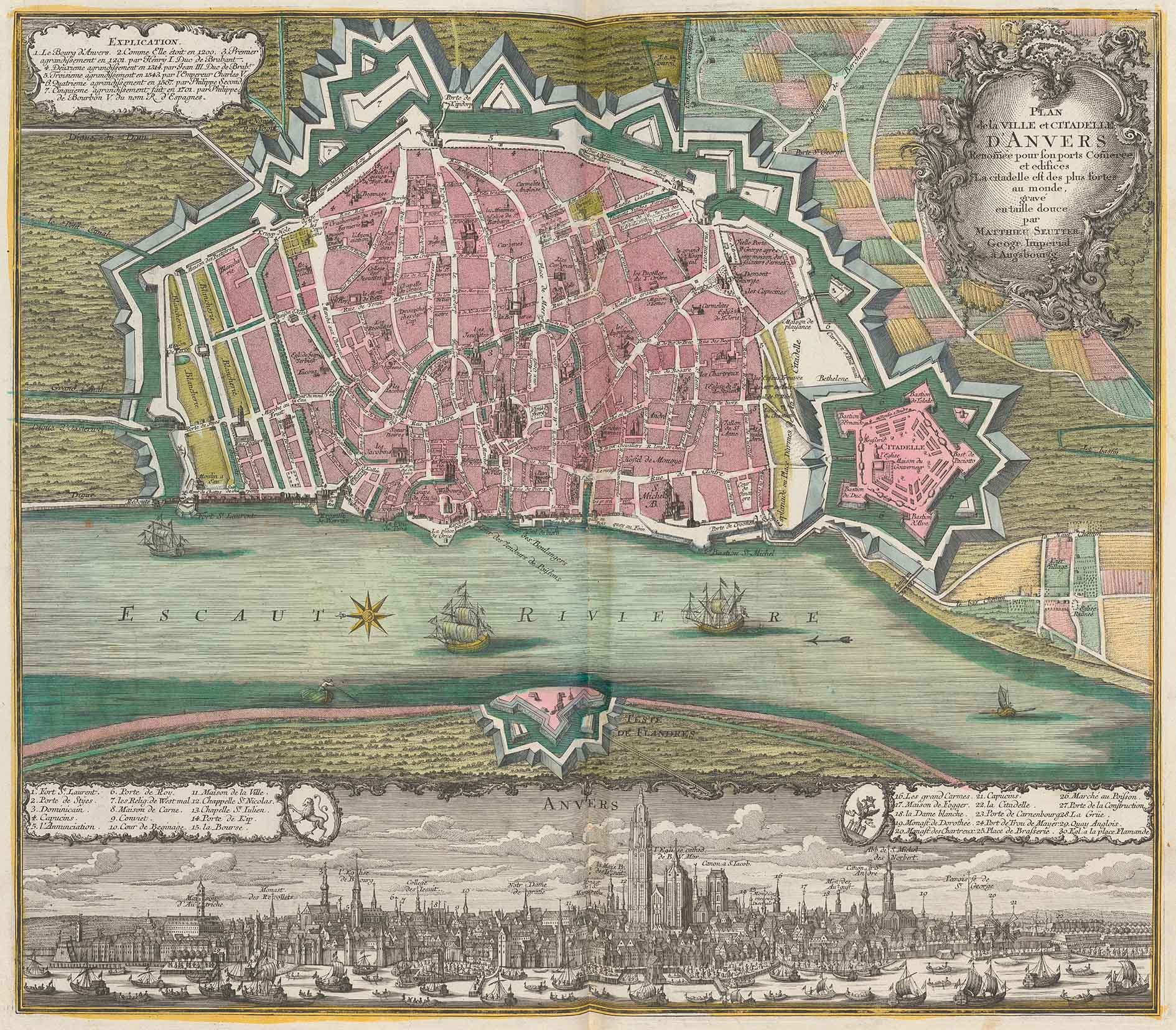 Kolorierter «Plan de la Ville et Citadelle D’Anvers» Matthäus Seutters (1678-1757) mit Stadtansicht. Atlas factice eines Schweizer Sammlers, gebunden nach 1759, S. 320. Zentralbibliothek Zürich, Atl 1293.