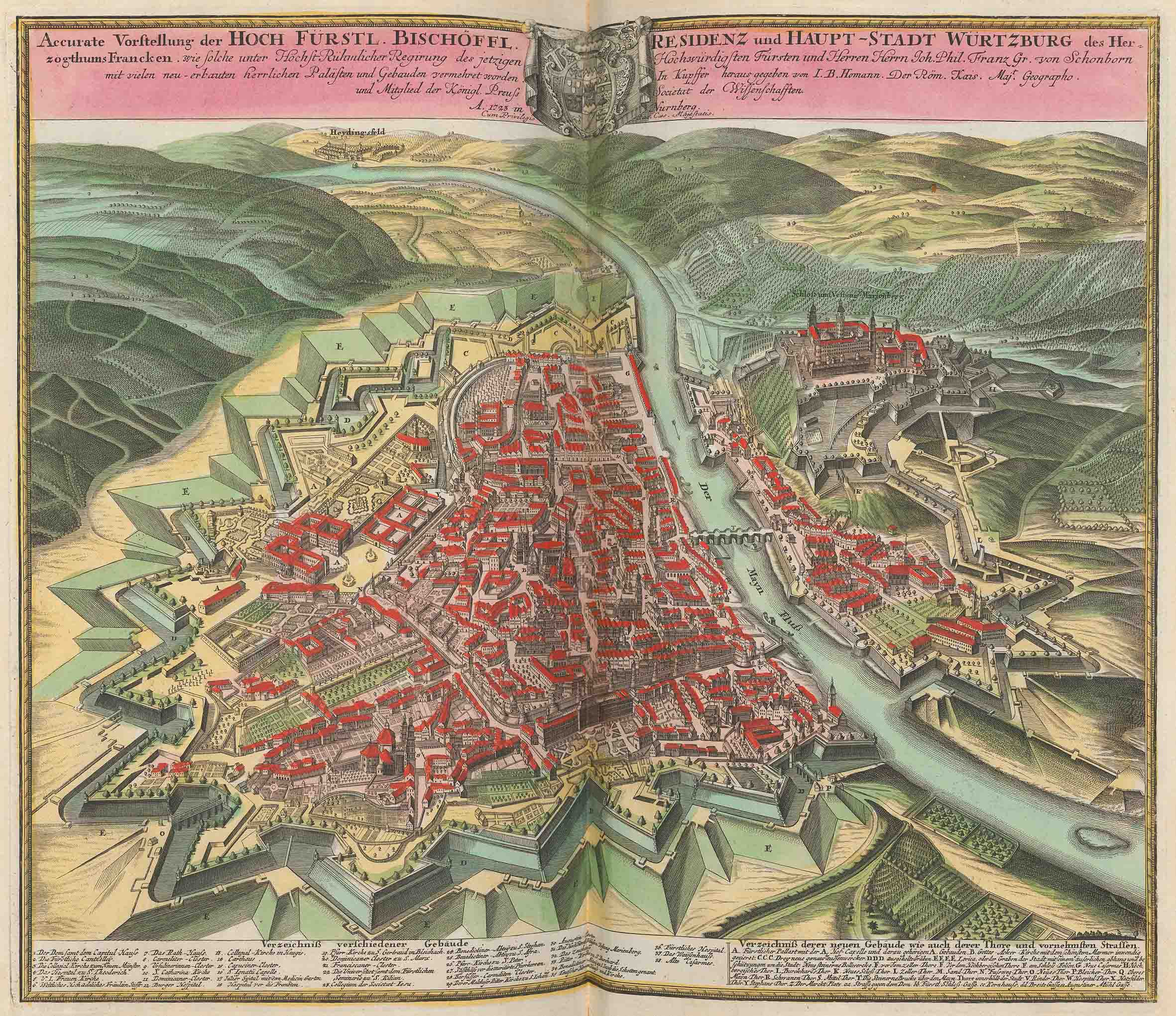 Detailreicher, sorgfältig kolorierter Vogelschauplan der Stadt Würzburg von 1723. Atlas factice eines Schweizer Sammlers, gebunden nach 1759, S. 320. Zentralbibliothek Zürich, Atl 1293. 