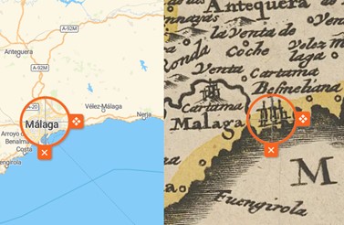 Mittels Georeferenzierungswerkzeug wird online auf einer modernen Karte und der alten ein Passpunkt für die Stadt Malaga gesetzt.