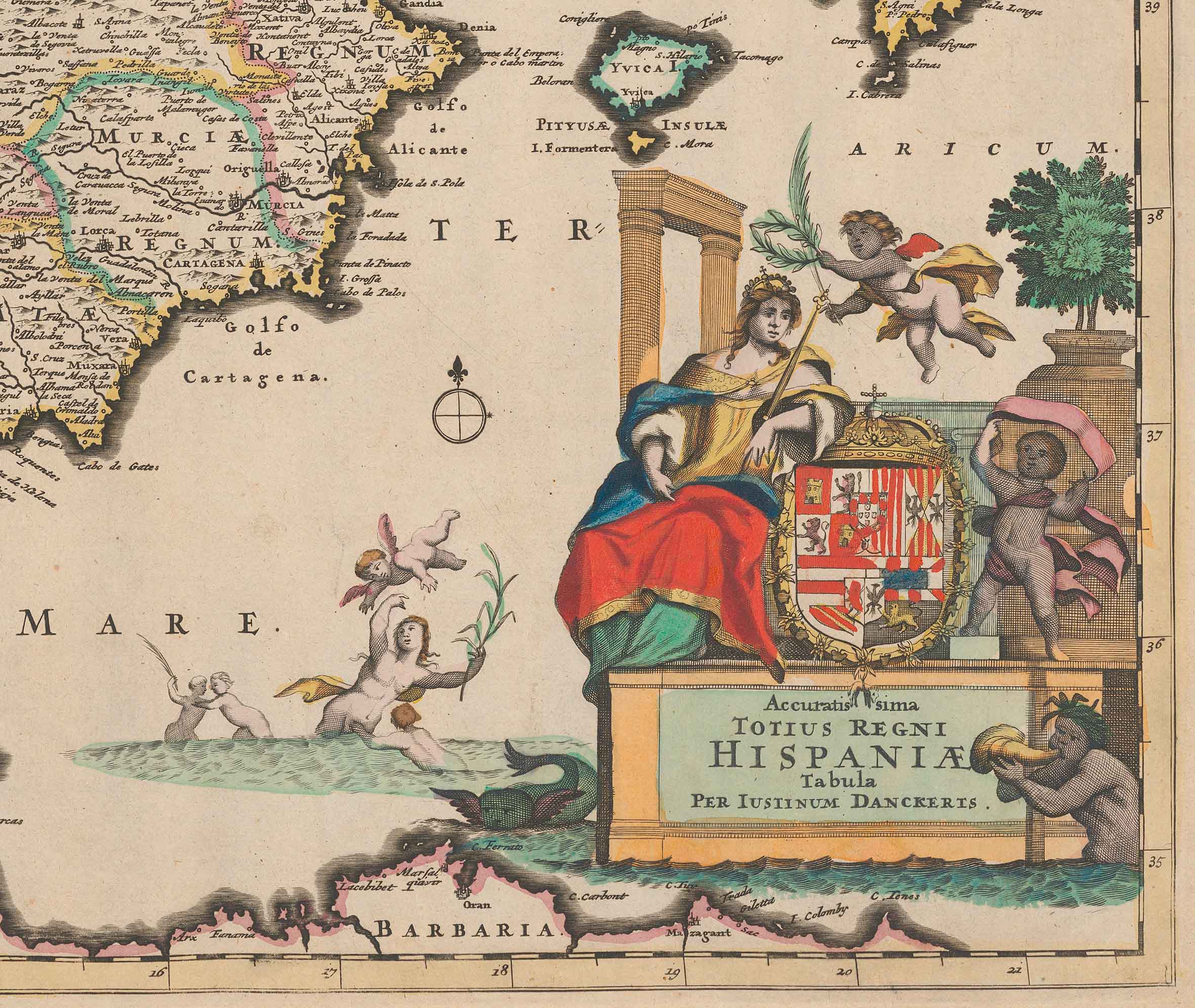 Aufwändig gestaltete Titelkartusche der Spanienkarte mit von etwas unsicherer Hand koloriertem Wappen der spanischen Könige aus dem Haus Habsburg (1599-1668). Danckerts-Atlas, Amsterdam 1707/1708, S. 53. Zentralbibliothek Zürich, Atl 101.