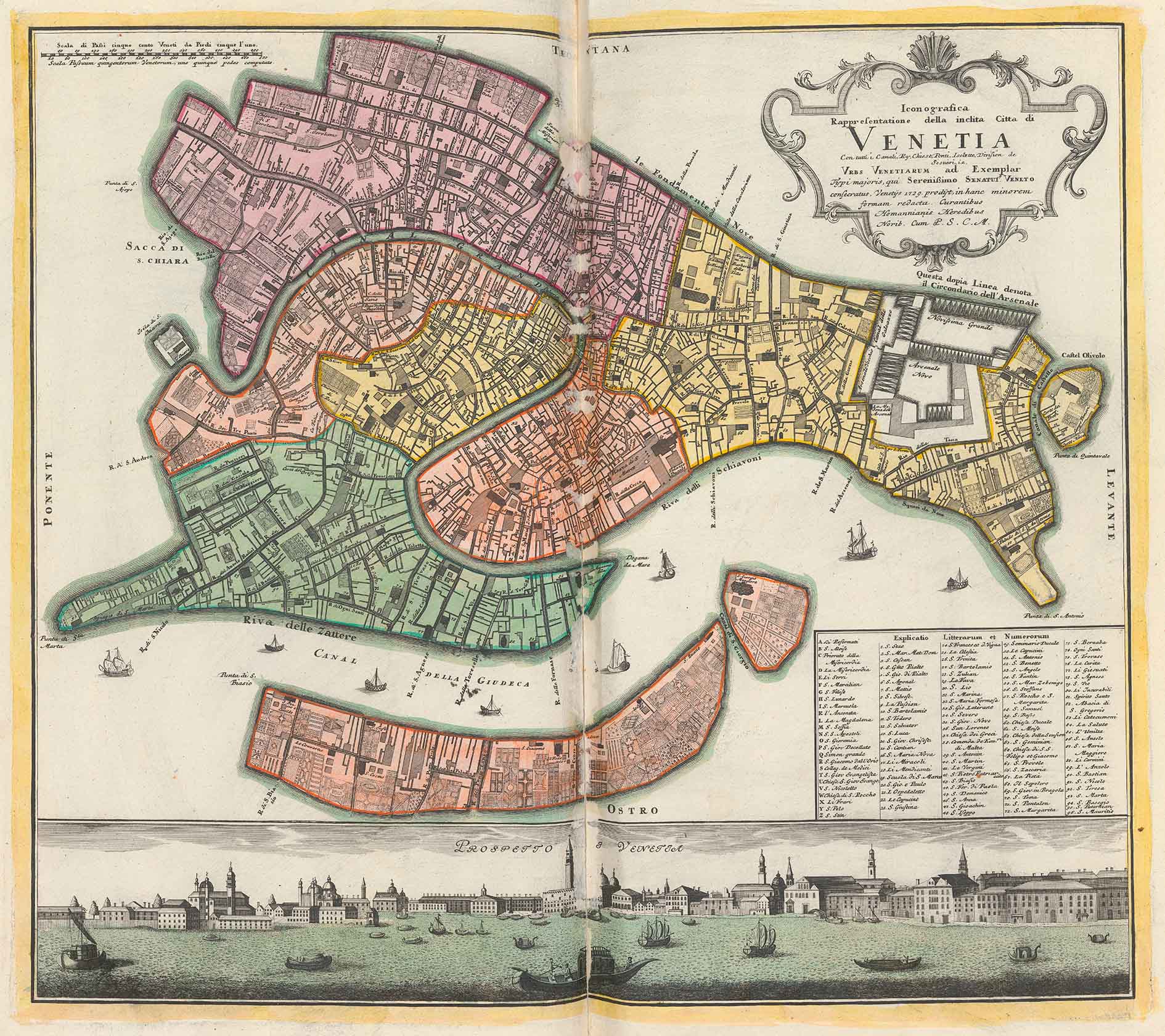 Plan der Lagunenstadt Venedig mit Verzeichnis der Kirchen und darunter eingepasst der «Prospetto» aus: Atlas factice eines Schweizer Sammlers, gebunden nach 1759, S. 185. Zentralbibliothek Zürich, Atl 1293.