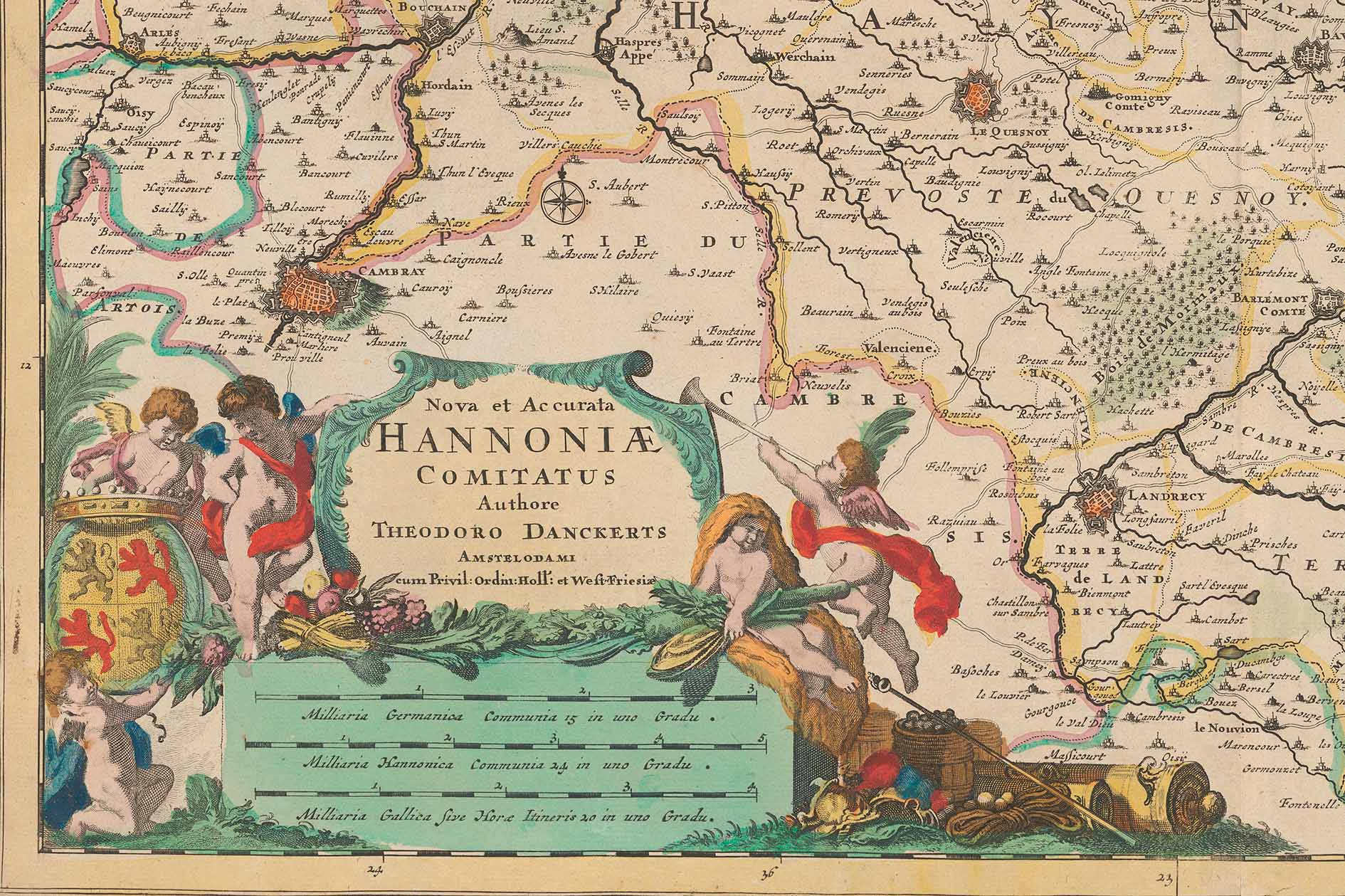 Putti, Wappen und Kriegsgerät als Schmuck der Titelkartusche auf «Nova et Accurata Hannoniae Comitatus». Danckerts-Atlas, Amsterdam 1707/1708, S. 245. Zentralbibliothek Zürich, Atl 101.