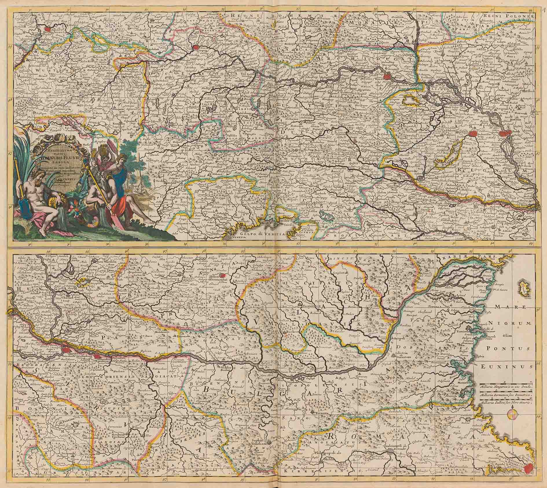 Zweiteilige Flusslaufkarte der Donau, Titelkartusche mit Personifikation des Stroms. Danckerts-Atlas, Amsterdam 1707/1708, S. 143. Zentralbibliothek Zürich, Atl 101.