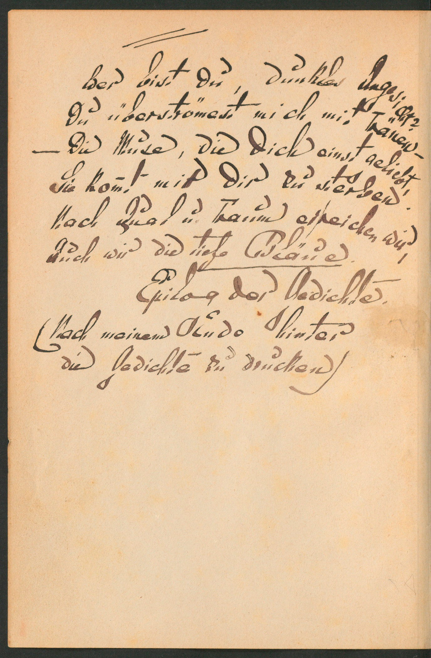 Handschriftliches Gedicht in einem Gedichtband von C.F. Meyer mit dem Zusatz «Nach meinem Ende hinter die Gedichte zu drucken»