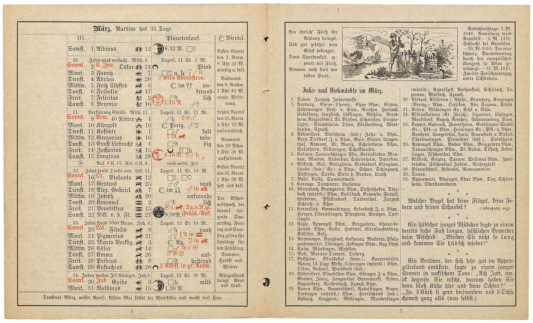 Der Monat März im «Zürcherischen Volks-Kalender» für das Jahr 1879. (Bild: ZB Zürich)