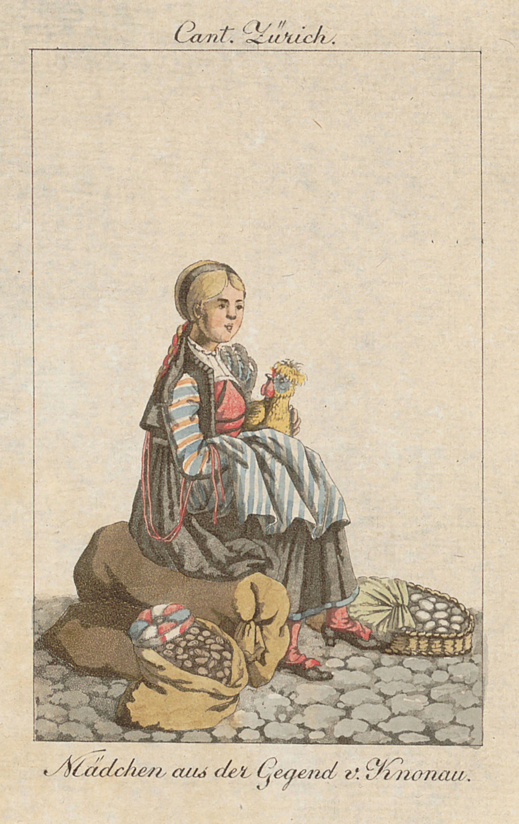 Ein Mädchen aus der Gegend von Knonau mit einem Huhn und ganz vielen Eiern, um 1814. (Bild: Franz Niklaus König / ZB Zürich)