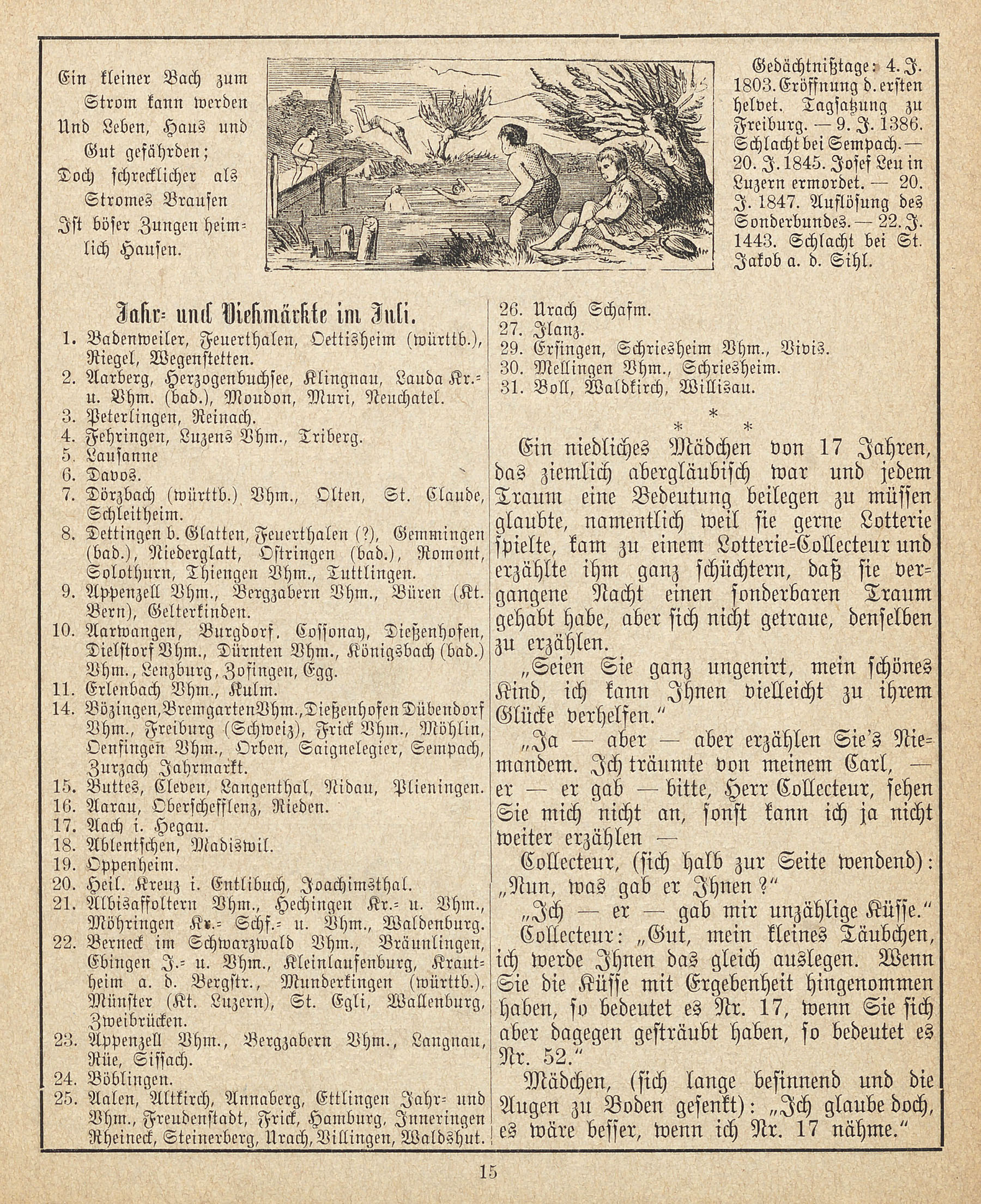 Badende auf einer Seite aus dem «Zürcherischen Volks-Kalender» für das Jahr 1879. (Bild: ZB Zürich) 