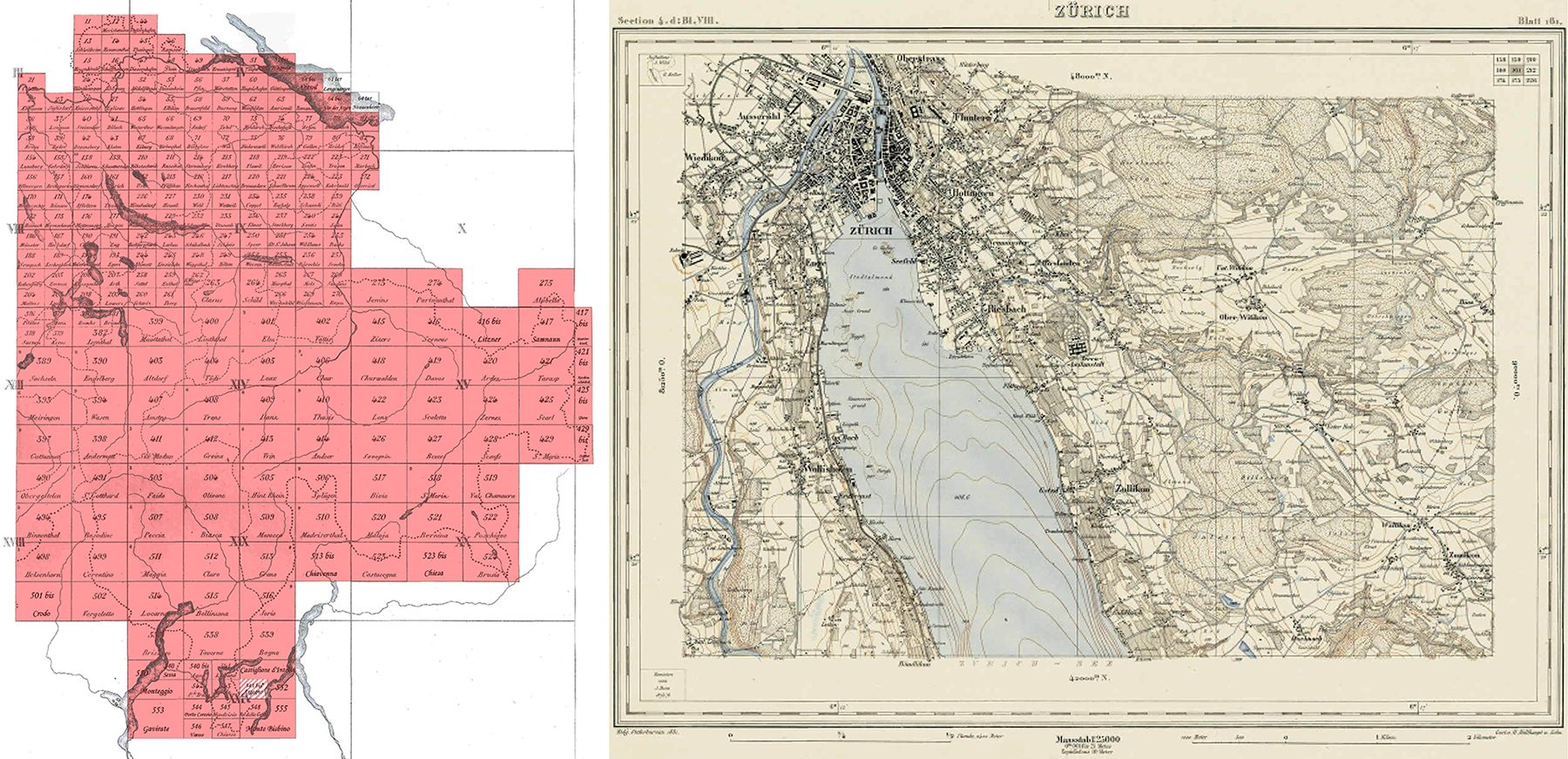 On the left, a partial overview of a page of the ‘Siegfried map’, published in 1870–1949 by the Federal Staff Office; on the right, the map page showing Zurich. The Swiss Army published the topographical map, and it was primarily used for national defence purposes. (Image: ZB Zürich)